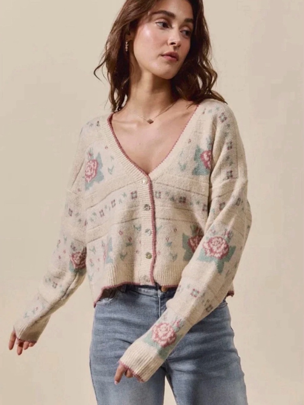 SO ME Floral Pattern Cardigan Long Sleeve Button Sweater Size Large - Picture 4 of 6